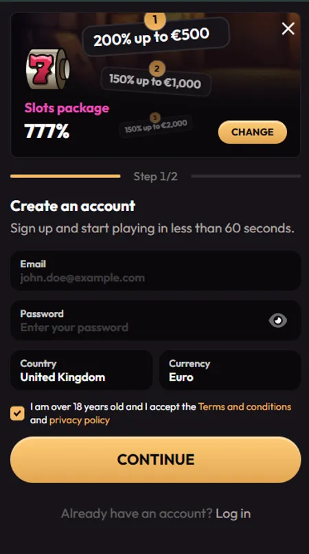 Mad Casino registration form